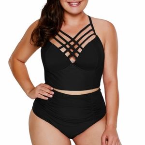 Women's Black Strappy High Waist 2 Piece Bathing Suit Size XL
